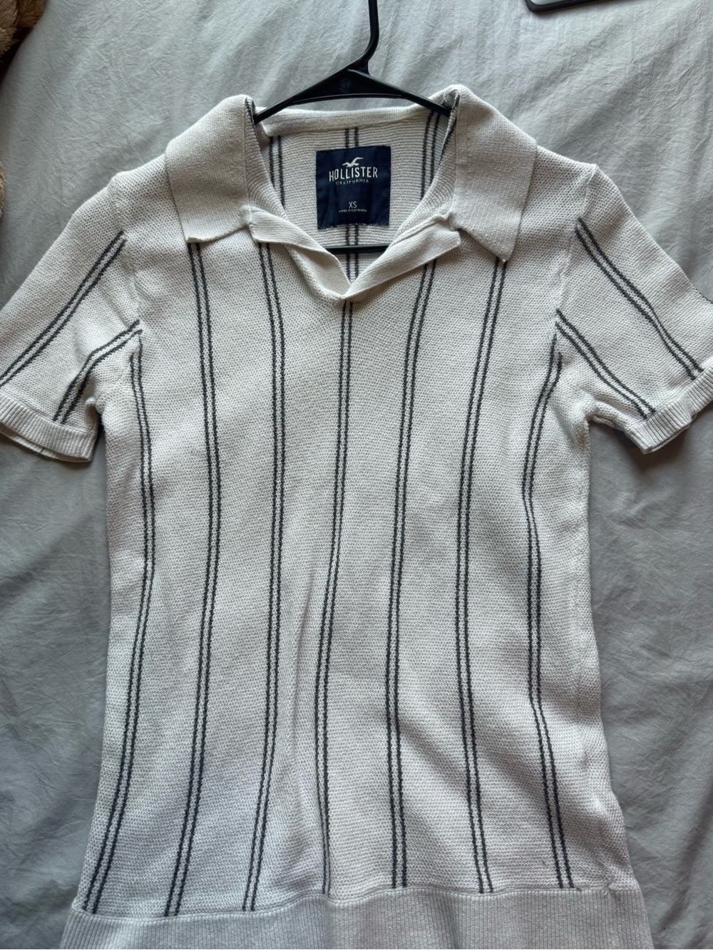 Hollister Cream Short-Sleeve Polo with Black Vertical Stripes